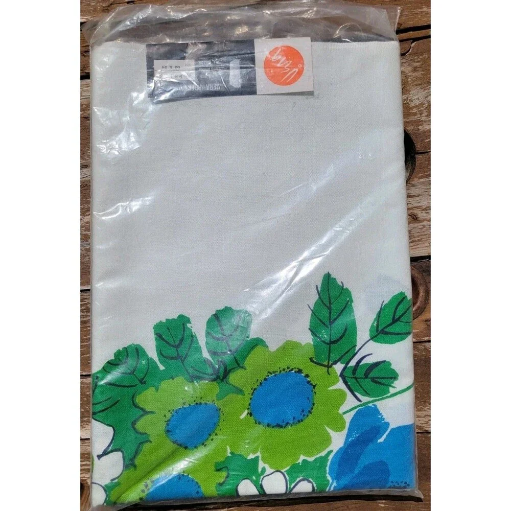 Vtg Vera Neumann Tablecloth MCM Blue Green Floral Daisies Flower Power 60x84